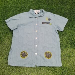 Vintage 90s Abstract Tribal Button Shirt Women XL 23x27 Blue